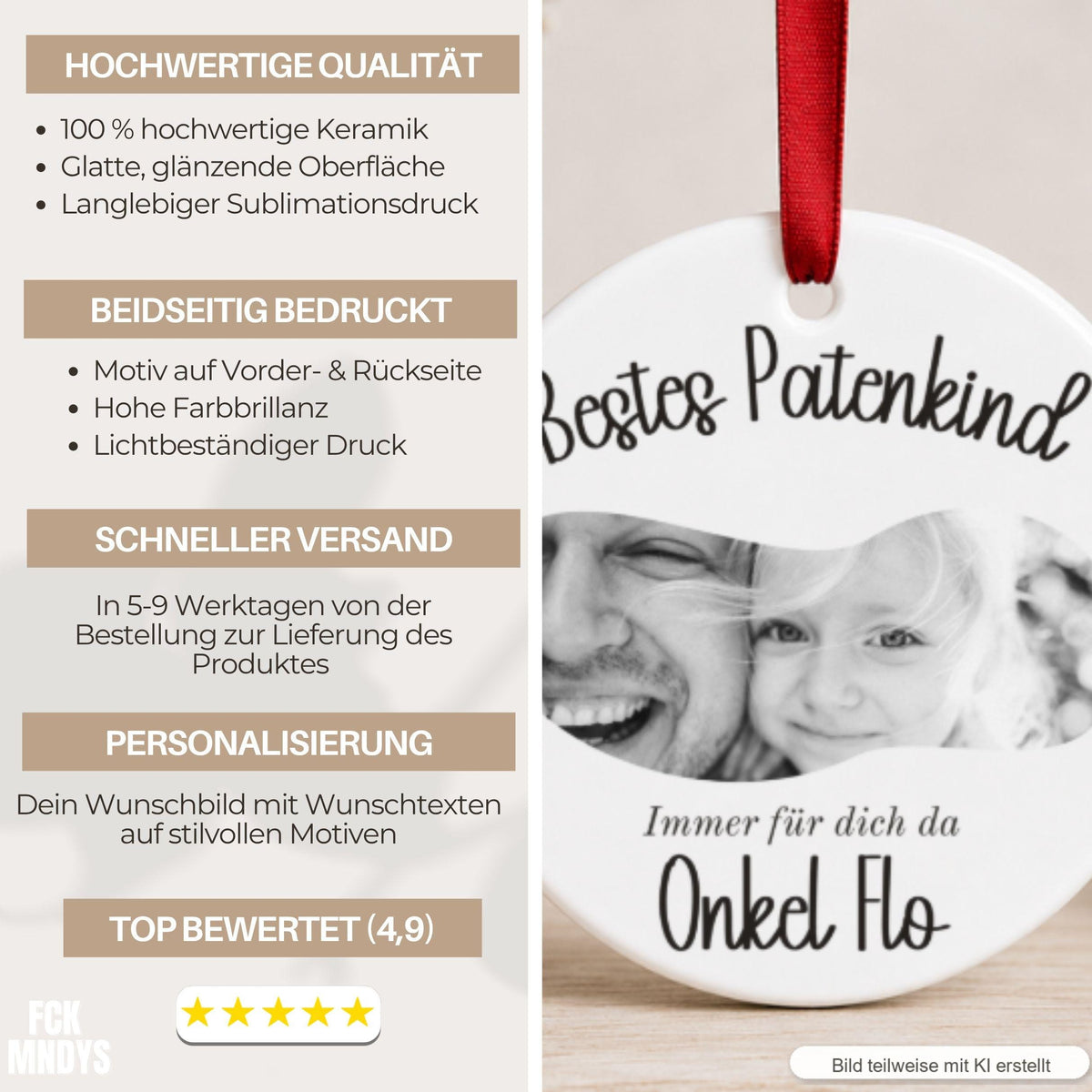 Ornament für Patentante Patenonkel personalisiert, Geschenk Idee Foto Anhänger vom Patenkind, Keramik Dankeschön Weihnachtsbaum Schmuck