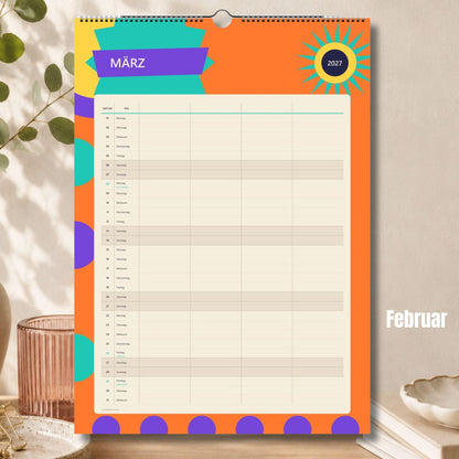 Familienkalender 2027 A3/A4 | Bunter Wandkalender für 1–4 Personen | Familienplaner mit deutschen Feiertagen | Jahreskalender Geburtstage