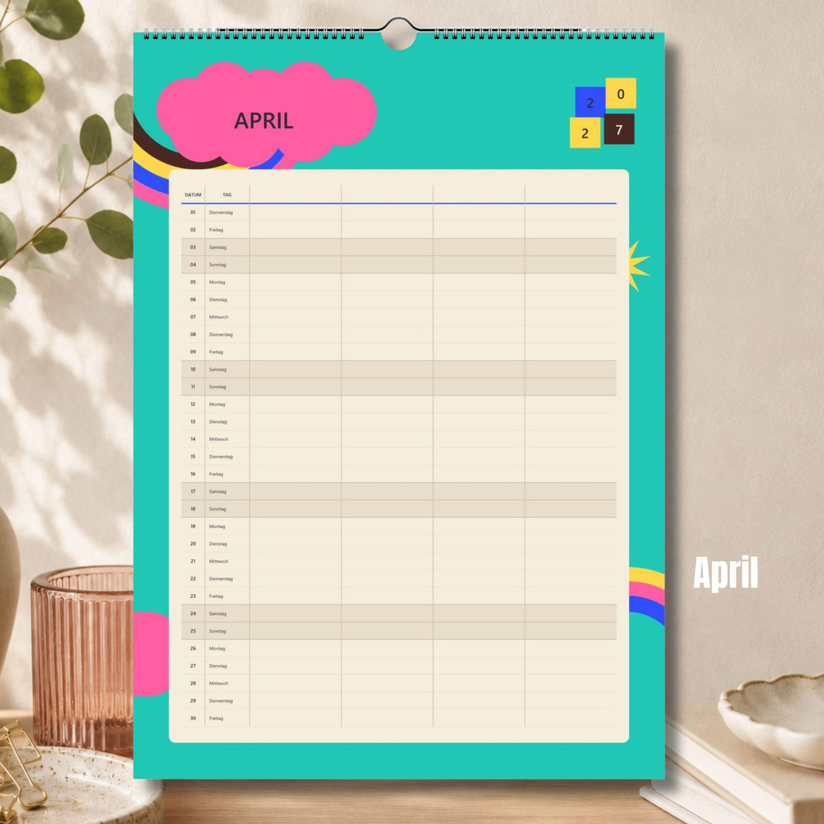 Familienkalender 2027 A3/A4 | Bunter Wandkalender für 1–4 Personen | Familienplaner mit deutschen Feiertagen | Jahreskalender Geburtstage