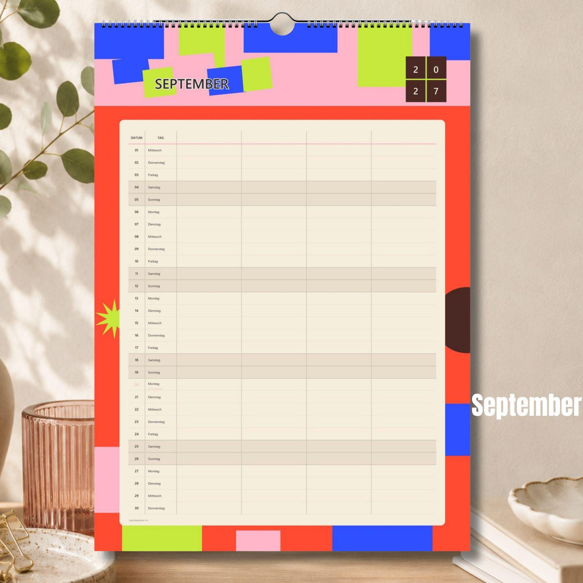 Familienkalender 2027 A3/A4 | Bunter Wandkalender für 1–4 Personen | Familienplaner mit deutschen Feiertagen | Jahreskalender Geburtstage