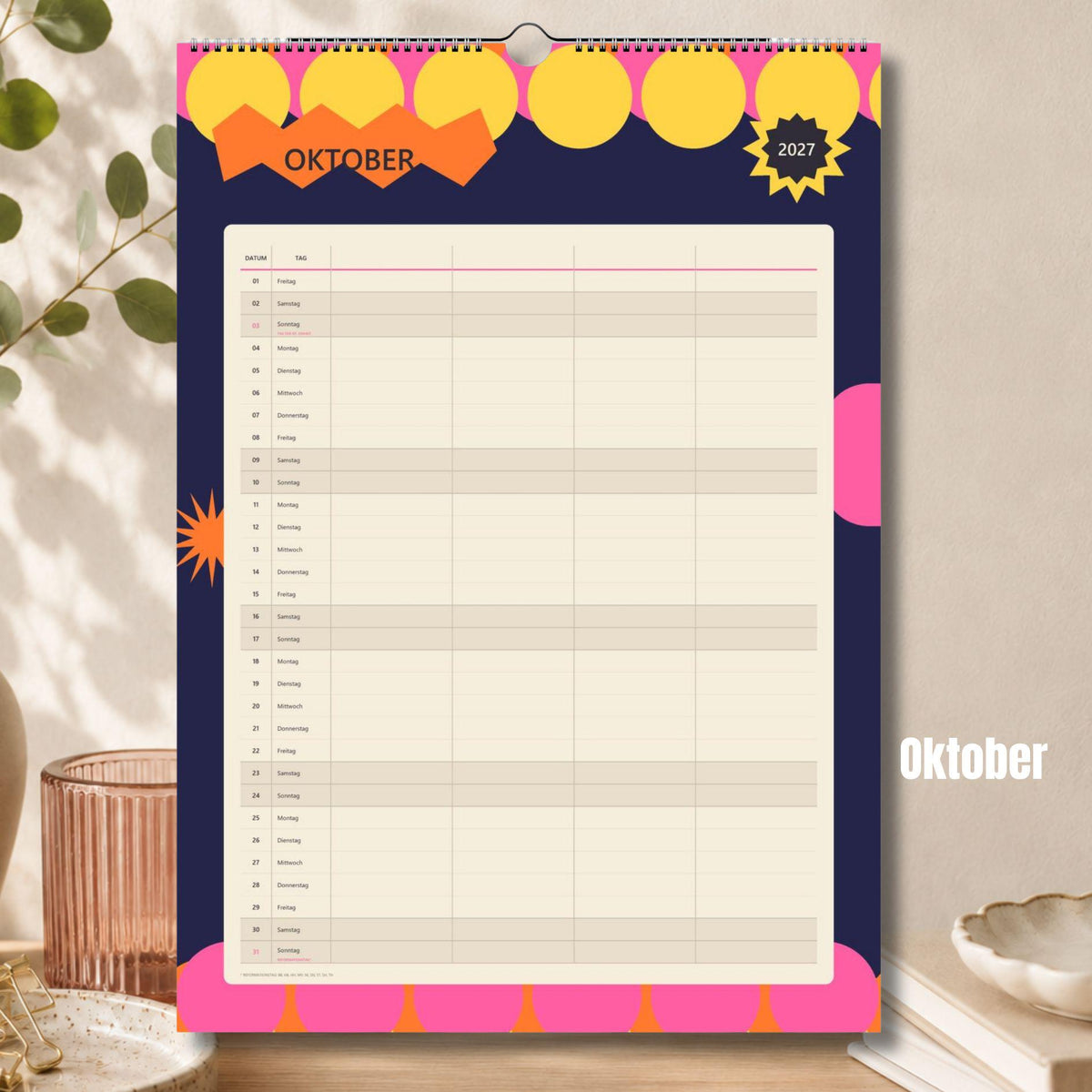 Familienkalender 2027 A3/A4 | Bunter Wandkalender für 1–4 Personen | Familienplaner mit deutschen Feiertagen | Jahreskalender Geburtstage