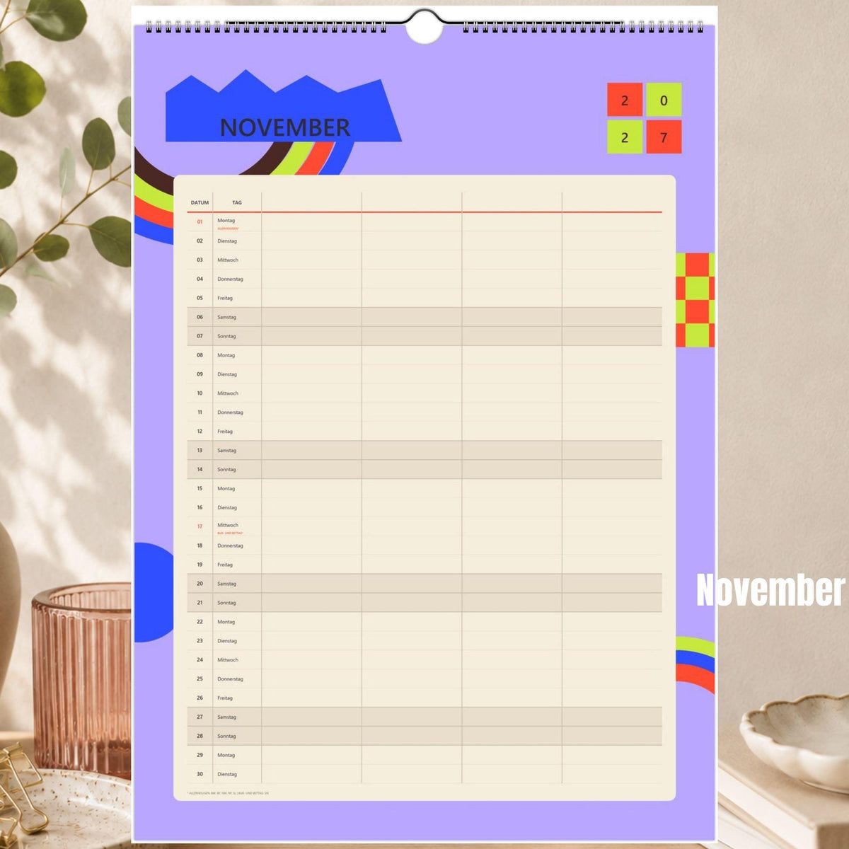 Familienkalender 2027 A3/A4 | Bunter Wandkalender für 1–4 Personen | Familienplaner mit deutschen Feiertagen | Jahreskalender Geburtstage
