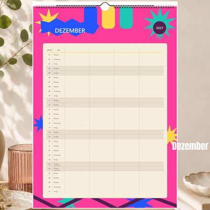 Familienkalender 2027 A3/A4 | Bunter Wandkalender für 1–4 Personen | Familienplaner mit deutschen Feiertagen | Jahreskalender Geburtstage