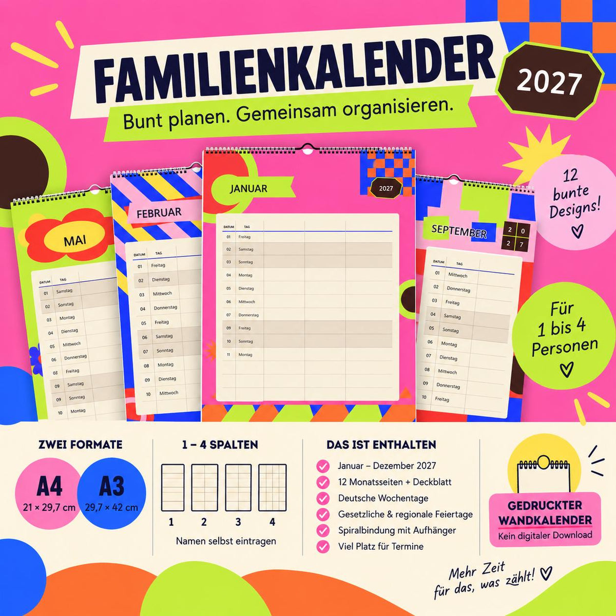 Familienkalender 2027 A3/A4 | Bunter Wandkalender für 1–4 Personen | Familienplaner mit deutschen Feiertagen | Jahreskalender Geburtstage