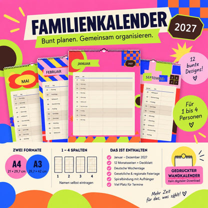 Familienkalender 2027 A3/A4 | Bunter Wandkalender für 1–4 Personen | Familienplaner mit deutschen Feiertagen | Jahreskalender Geburtstage
