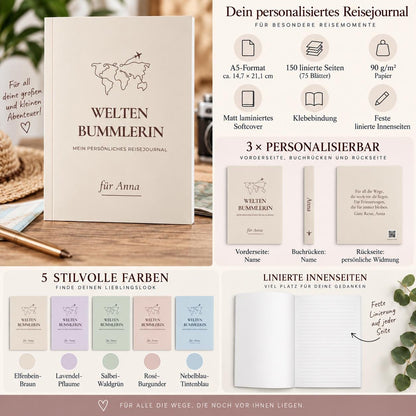Personalisiertes Reisetagebuch mit Name – Reisejournal Weltenbummlerin Weltenbummler | Geschenk für Weltreise und Auslandsjahr Urlaub Reise