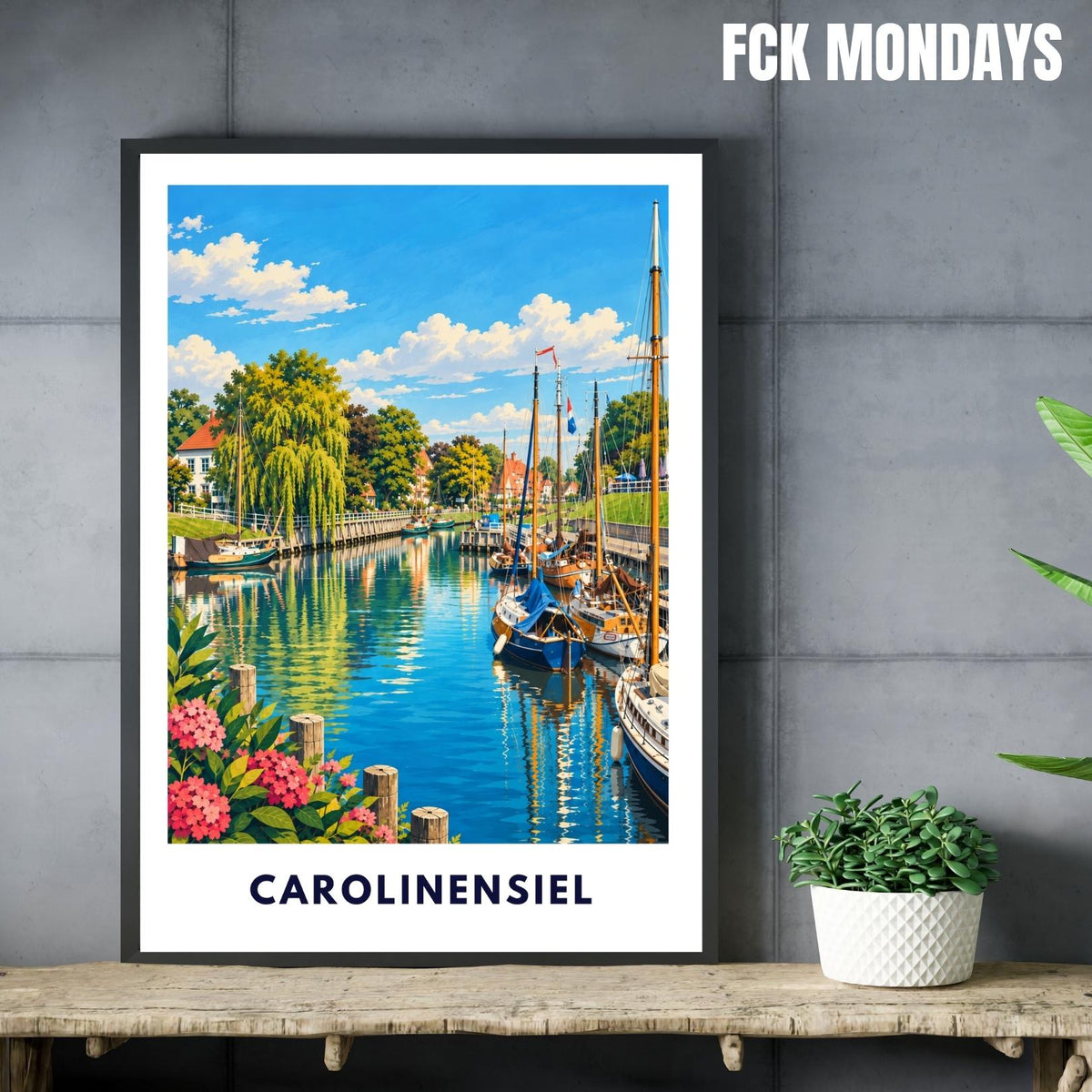 Carolinensiel Poster Nordsee | Historischer Hafen Segelbooten Harle | Maritimes Wandbild | Deutschland Reise Poster | Küsten Illustration