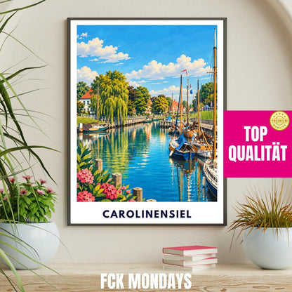 Carolinensiel Poster Nordsee | Historischer Hafen Segelbooten Harle | Maritimes Wandbild | Deutschland Reise Poster | Küsten Illustration