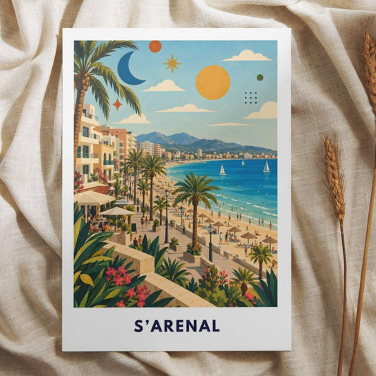 El Arenal Poster Mallorca | S’Arenal Strand & Palmen Illustration | Spanien Mediterrane Wanddeko | Playa Print Malle Ballermann