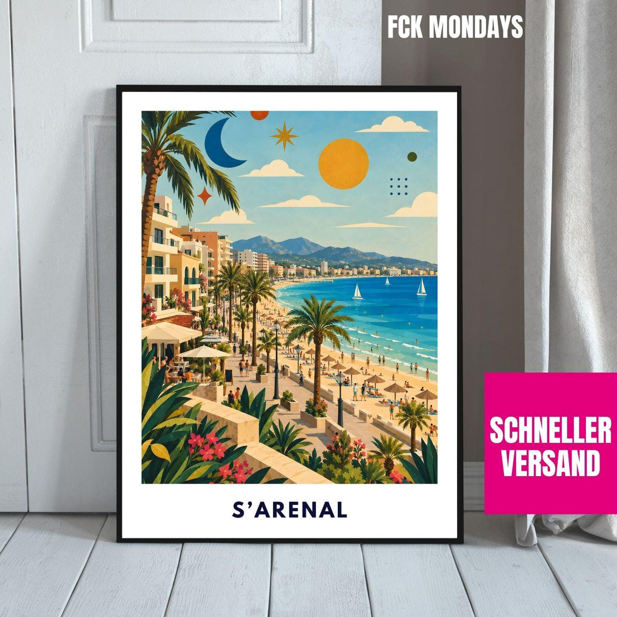El Arenal Poster Mallorca | S’Arenal Strand & Palmen Illustration | Spanien Mediterrane Wanddeko | Playa Print Malle Ballermann
