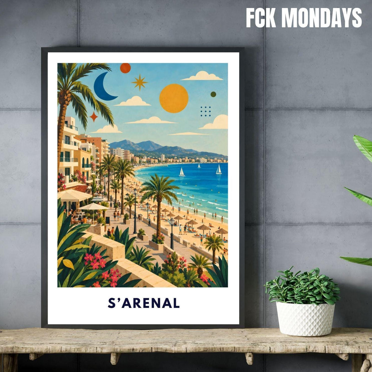 El Arenal Poster Mallorca | S’Arenal Strand & Palmen Illustration | Spanien Mediterrane Wanddeko | Playa Print Malle Ballermann