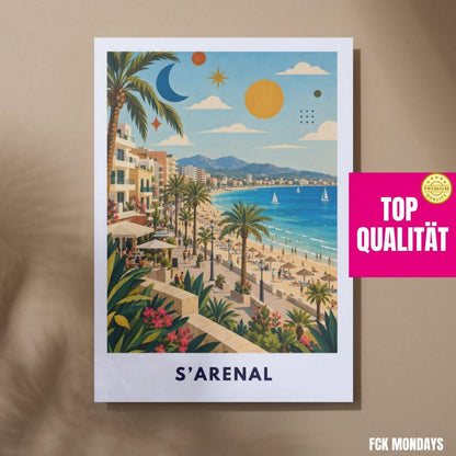 El Arenal Poster Mallorca | S’Arenal Strand & Palmen Illustration | Spanien Mediterrane Wanddeko | Playa Print Malle Ballermann