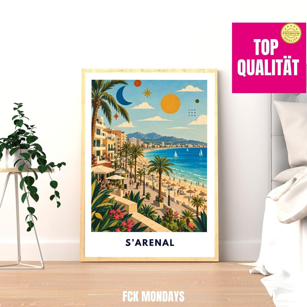 El Arenal Poster Mallorca | S’Arenal Strand & Palmen Illustration | Spanien Mediterrane Wanddeko | Playa Print Malle Ballermann