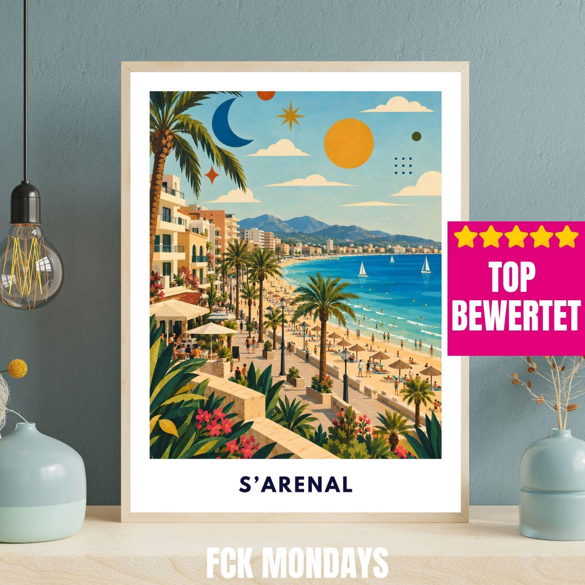 El Arenal Poster Mallorca | S’Arenal Strand & Palmen Illustration | Spanien Mediterrane Wanddeko | Playa Print Malle Ballermann