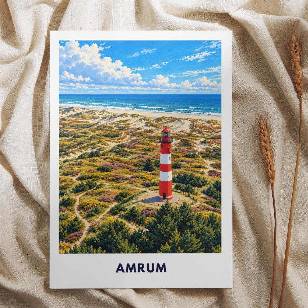 Amrum Poster Illustration | Amrumer Leuchtturm, Kniepsand & Nordsee-Dünen | Nordfriesland Insel Wandbild | Maritime Küstendeko