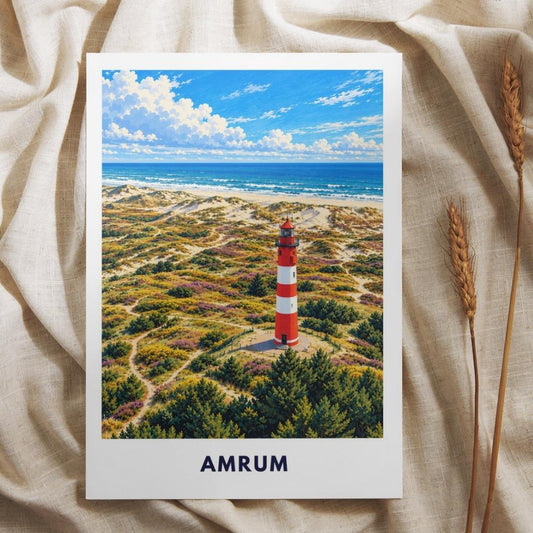 Amrum Poster Illustration | Amrumer Leuchtturm, Kniepsand & Nordsee-Dünen | Nordfriesland Insel Wandbild | Maritime Küstendeko