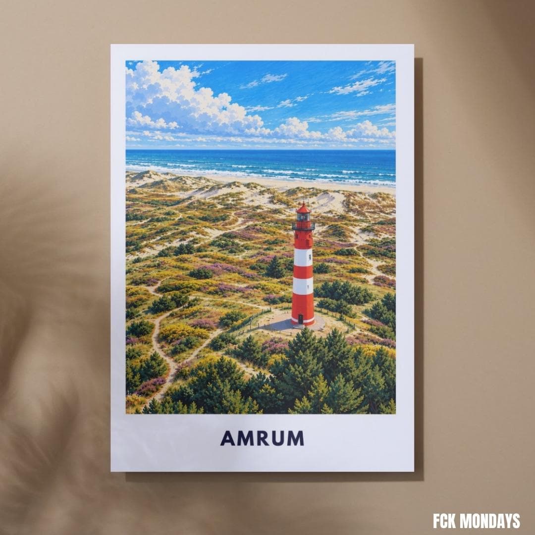 Amrum Poster Illustration | Amrumer Leuchtturm, Kniepsand & Nordsee-Dünen | Nordfriesland Insel Wandbild | Maritime Küstendeko