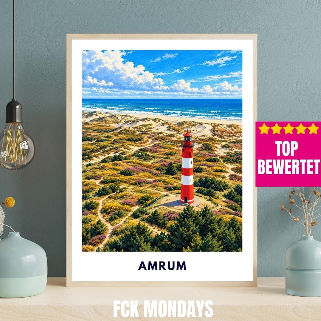 Amrum Poster Illustration | Amrumer Leuchtturm, Kniepsand & Nordsee-Dünen | Nordfriesland Insel Wandbild | Maritime Küstendeko