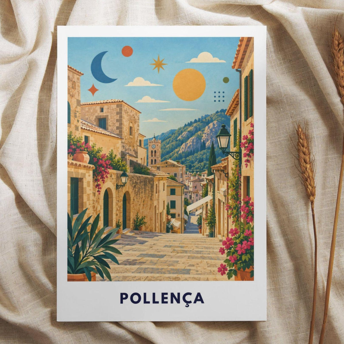 Pollença Poster Mallorca | Altstadt & Treppen Illustration | Mediterrane Wanddeko | Spanien Reiseposter | Pollensa Pont Roma
