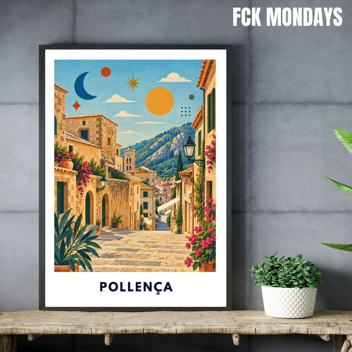 Pollença Poster Mallorca | Altstadt & Treppen Illustration | Mediterrane Wanddeko | Spanien Reiseposter | Pollensa Pont Roma