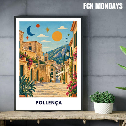 Pollença Poster Mallorca | Altstadt & Treppen Illustration | Mediterrane Wanddeko | Spanien Reiseposter | Pollensa Pont Roma