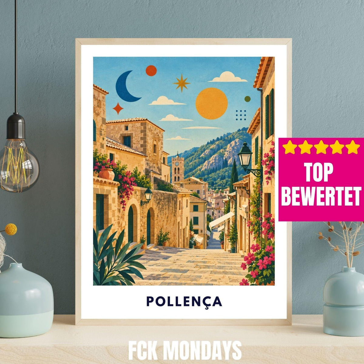 Pollença Poster Mallorca | Altstadt & Treppen Illustration | Mediterrane Wanddeko | Spanien Reiseposter | Pollensa Pont Roma