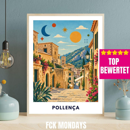 Pollença Poster Mallorca | Altstadt & Treppen Illustration | Mediterrane Wanddeko | Spanien Reiseposter | Pollensa Pont Roma
