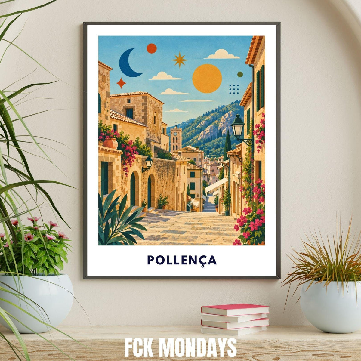 Pollença Poster Mallorca | Altstadt & Treppen Illustration | Mediterrane Wanddeko | Spanien Reiseposter | Pollensa Pont Roma