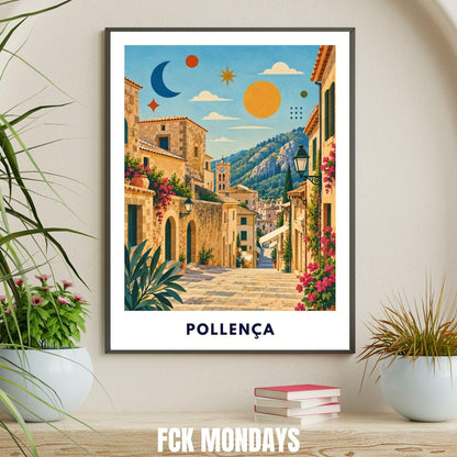 Pollença Poster Mallorca | Altstadt & Treppen Illustration | Mediterrane Wanddeko | Spanien Reiseposter | Pollensa Pont Roma