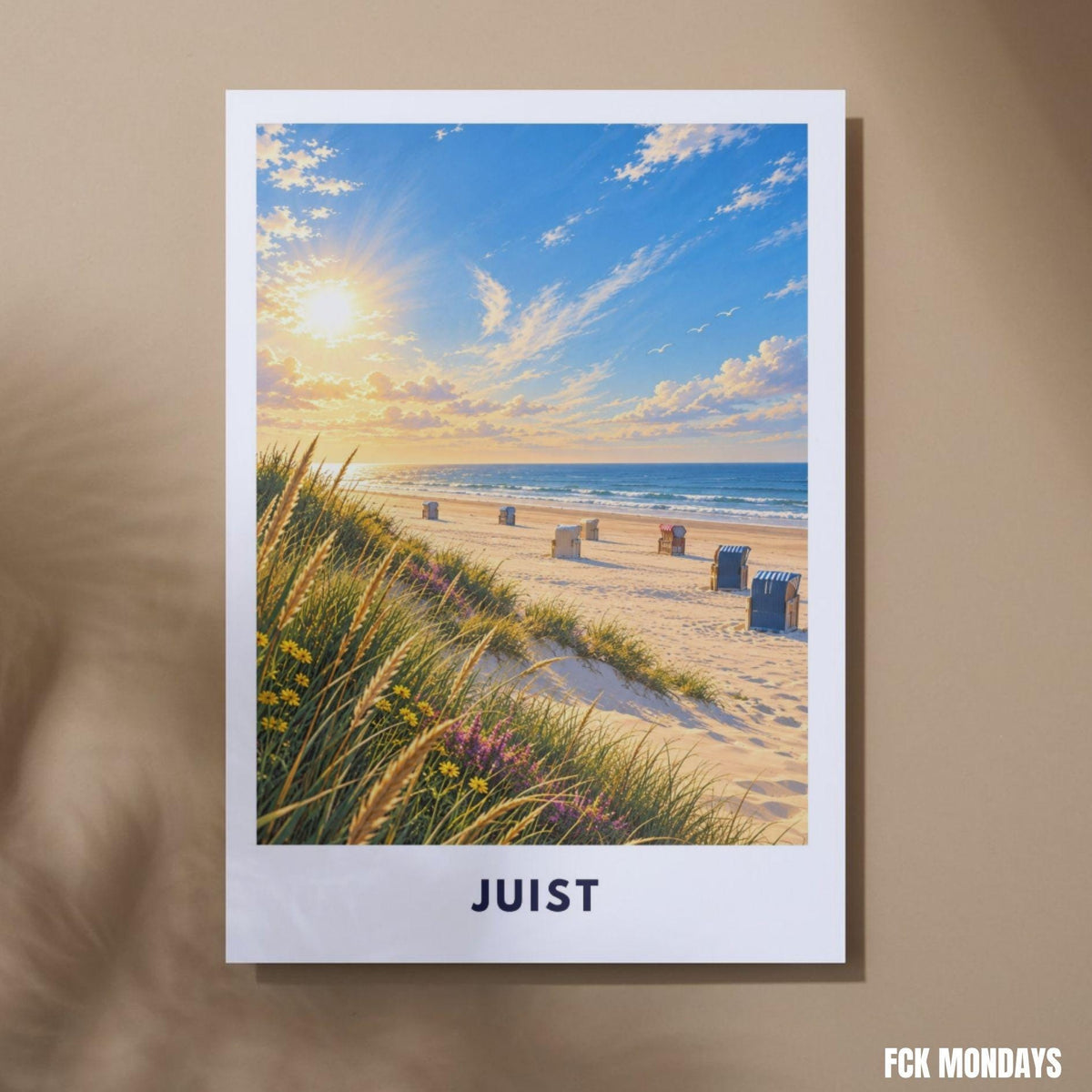 Juist Strand Poster Illustration | Nordsee Strand & Dünen mit Strandkörben | Ostfriesische Insel Wandbild | Sonnenuntergang Küstendeko