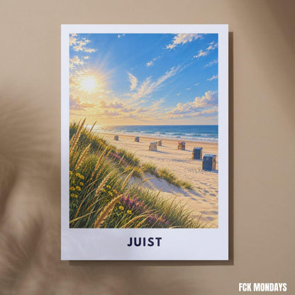 Juist Strand Poster Illustration | Nordsee Strand & Dünen mit Strandkörben | Ostfriesische Insel Wandbild | Sonnenuntergang Küstendeko