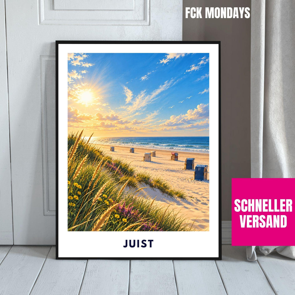 Juist Strand Poster Illustration | Nordsee Strand & Dünen mit Strandkörben | Ostfriesische Insel Wandbild | Sonnenuntergang Küstendeko