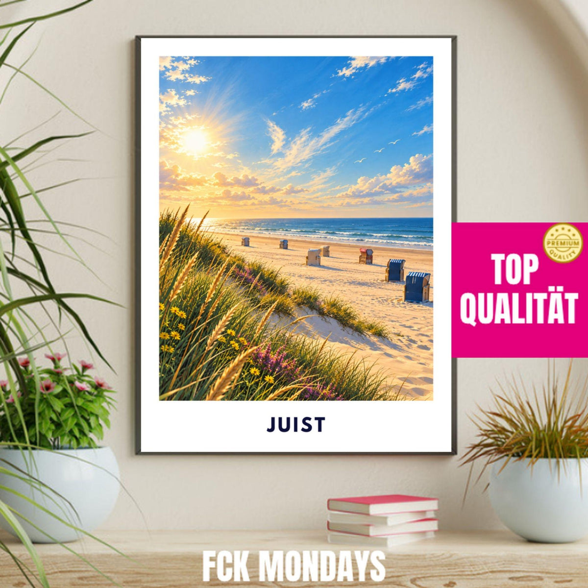 Juist Strand Poster Illustration | Nordsee Strand & Dünen mit Strandkörben | Ostfriesische Insel Wandbild | Sonnenuntergang Küstendeko