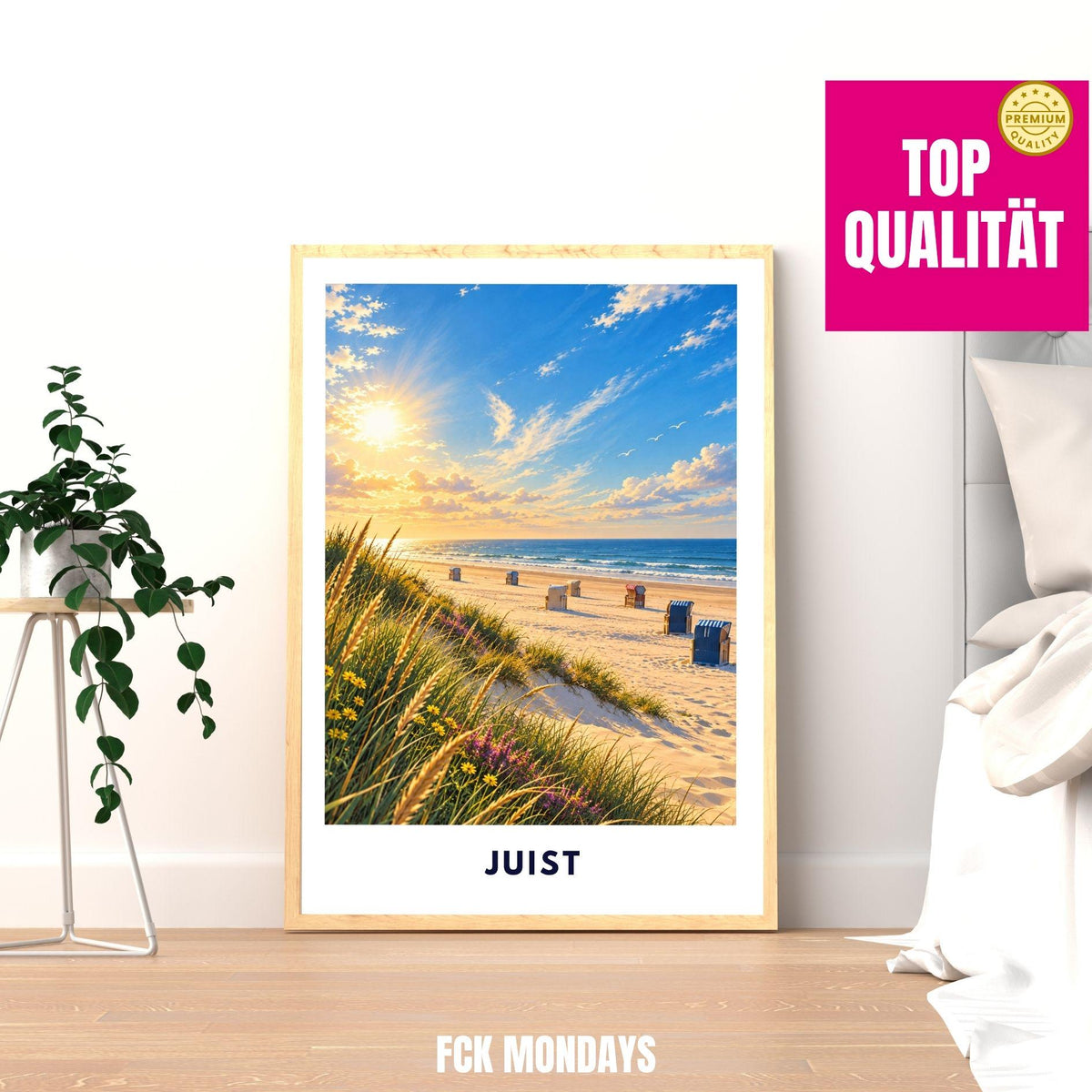 Juist Strand Poster Illustration | Nordsee Strand & Dünen mit Strandkörben | Ostfriesische Insel Wandbild | Sonnenuntergang Küstendeko
