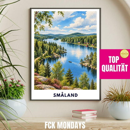 Småland See Poster Schweden | Wald & Seen Illustration | Skandinavische Wanddeko | Reise Poster | Smaland Natur Wanderung Urlaub