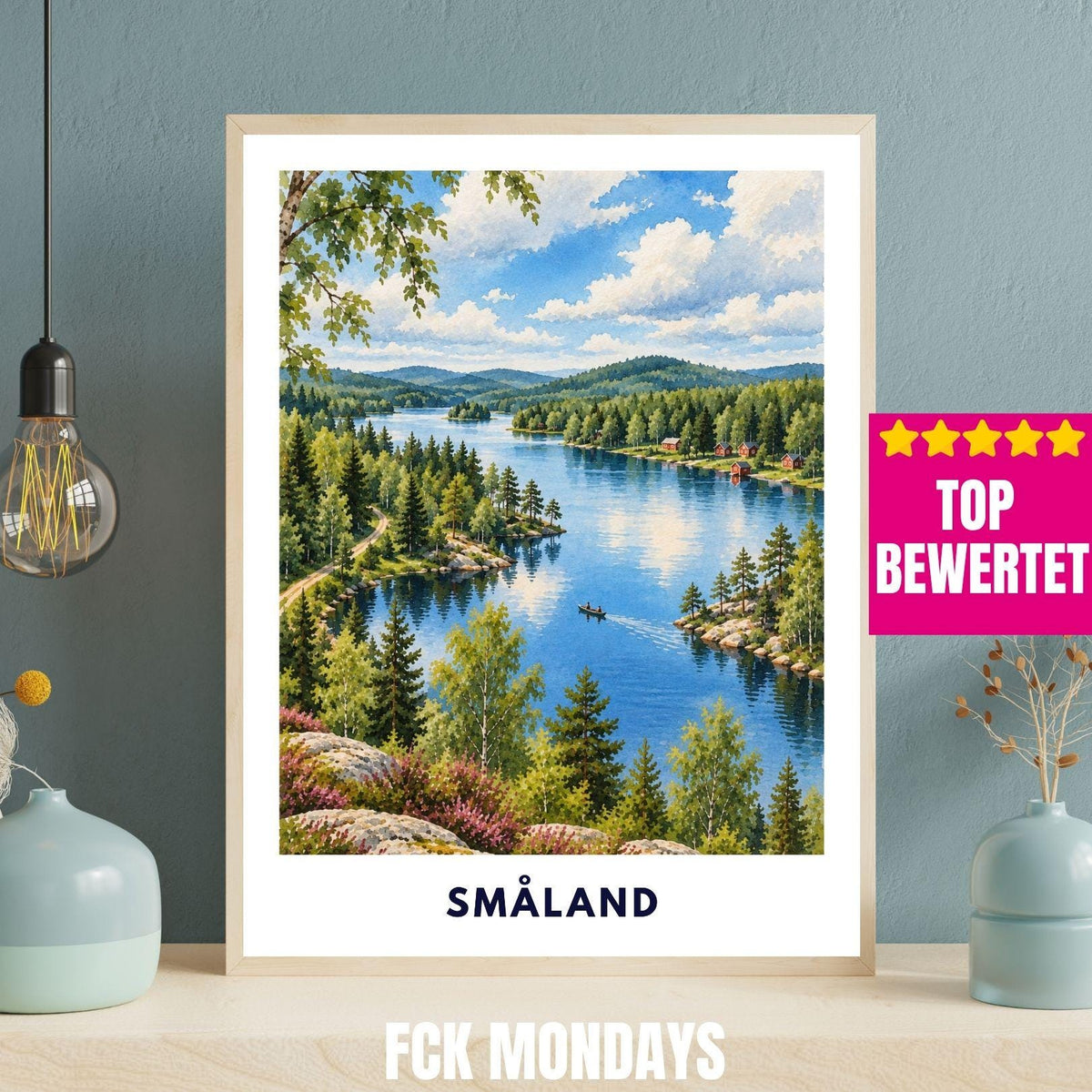 Småland See Poster Schweden | Wald & Seen Illustration | Skandinavische Wanddeko | Reise Poster | Smaland Natur Wanderung Urlaub