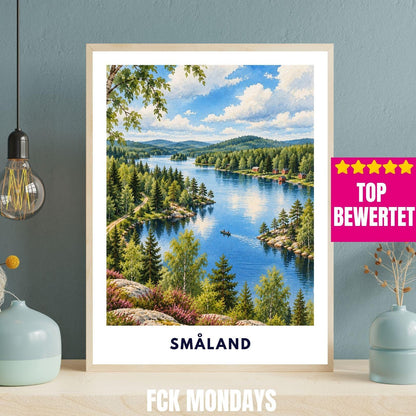 Småland See Poster Schweden | Wald & Seen Illustration | Skandinavische Wanddeko | Reise Poster | Smaland Natur Wanderung Urlaub