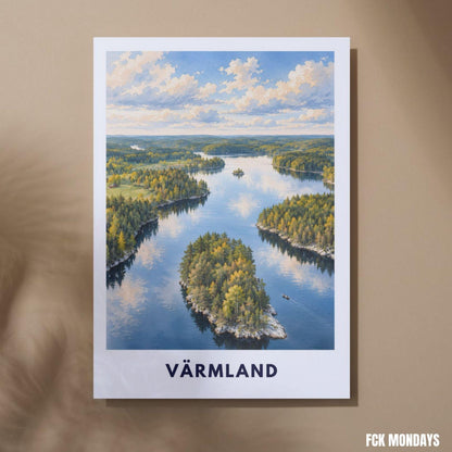 Värmland Poster Schweden | Seenlandschaft mit Waldinseln | Skandinavisches Wandbild | Aquarell Reise Poster | Nordische Natur Wandern Natur