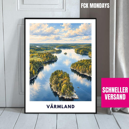 Värmland Poster Schweden | Seenlandschaft mit Waldinseln | Skandinavisches Wandbild | Aquarell Reise Poster | Nordische Natur Wandern Natur