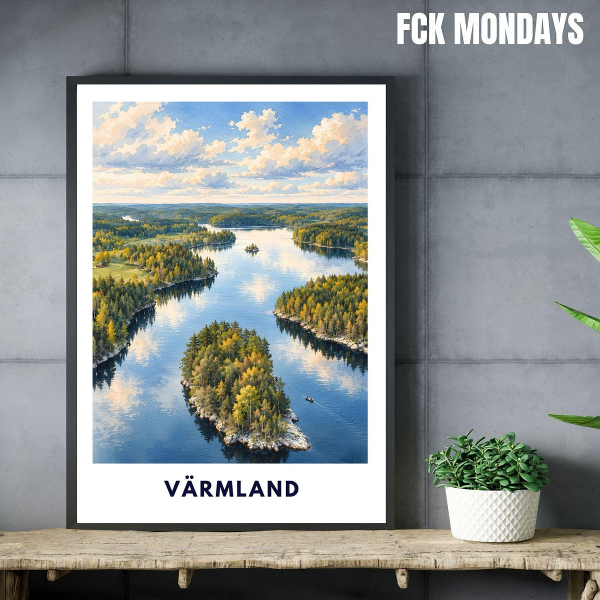 Värmland Poster Schweden | Seenlandschaft mit Waldinseln | Skandinavisches Wandbild | Aquarell Reise Poster | Nordische Natur Wandern Natur