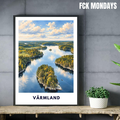 Värmland Poster Schweden | Seenlandschaft mit Waldinseln | Skandinavisches Wandbild | Aquarell Reise Poster | Nordische Natur Wandern Natur