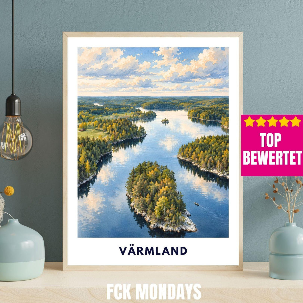 Värmland Poster Schweden | Seenlandschaft mit Waldinseln | Skandinavisches Wandbild | Aquarell Reise Poster | Nordische Natur Wandern Natur