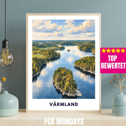 Värmland Poster Schweden | Seenlandschaft mit Waldinseln | Skandinavisches Wandbild | Aquarell Reise Poster | Nordische Natur Wandern Natur