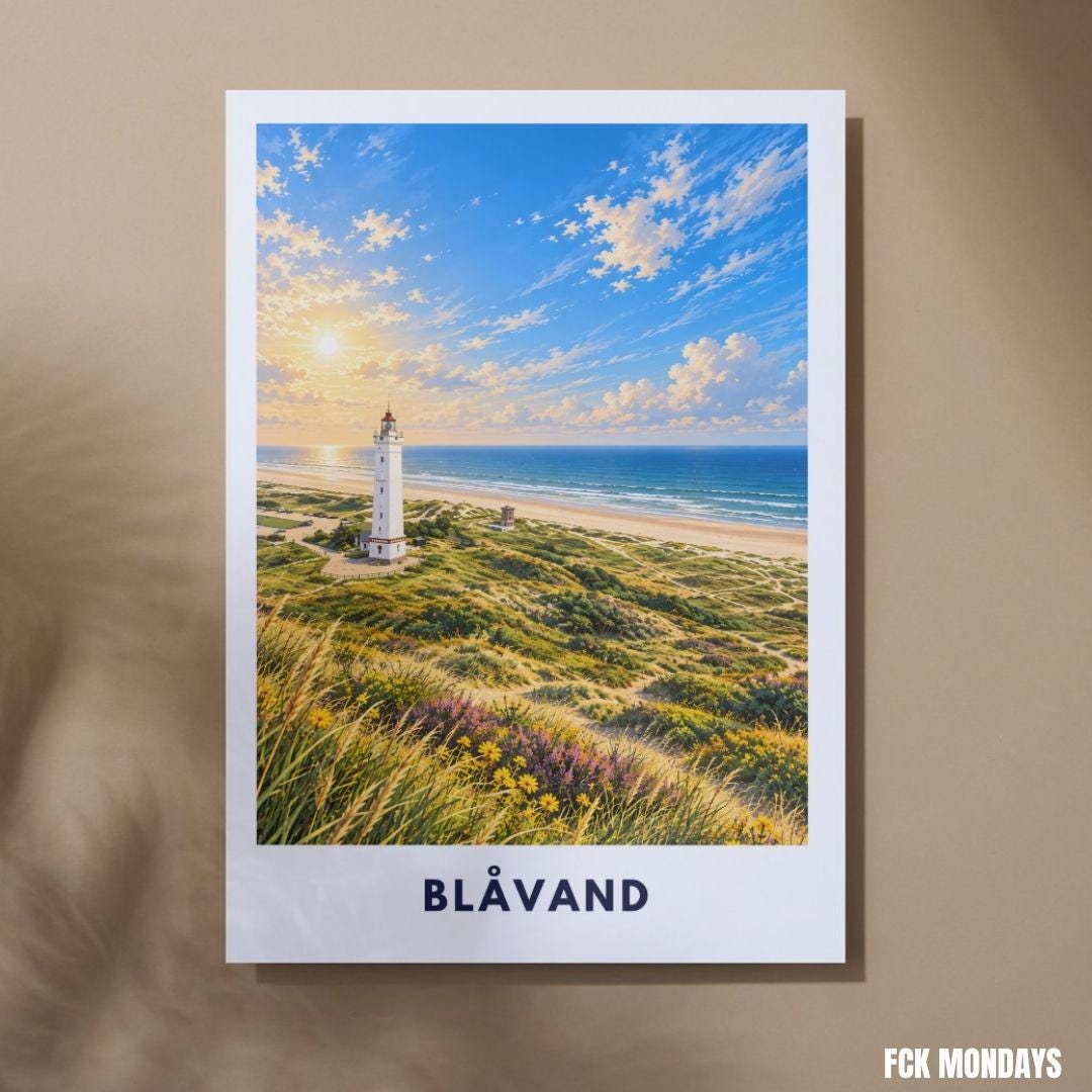 Blåvand Poster Illustration | Blåvandshuk Fyr Leuchtturm & Nordsee Strand | Dänemark Westküste Wandbild | Dünen Küstendeko Meer Urlaub