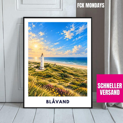 Blåvand Poster Illustration | Blåvandshuk Fyr Leuchtturm & Nordsee Strand | Dänemark Westküste Wandbild | Dünen Küstendeko Meer Urlaub