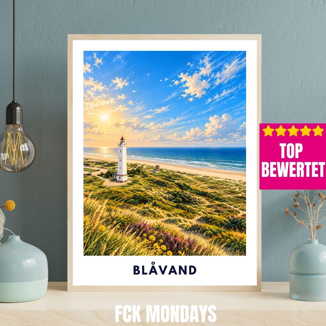 Blåvand Poster Illustration | Blåvandshuk Fyr Leuchtturm & Nordsee Strand | Dänemark Westküste Wandbild | Dünen Küstendeko Meer Urlaub