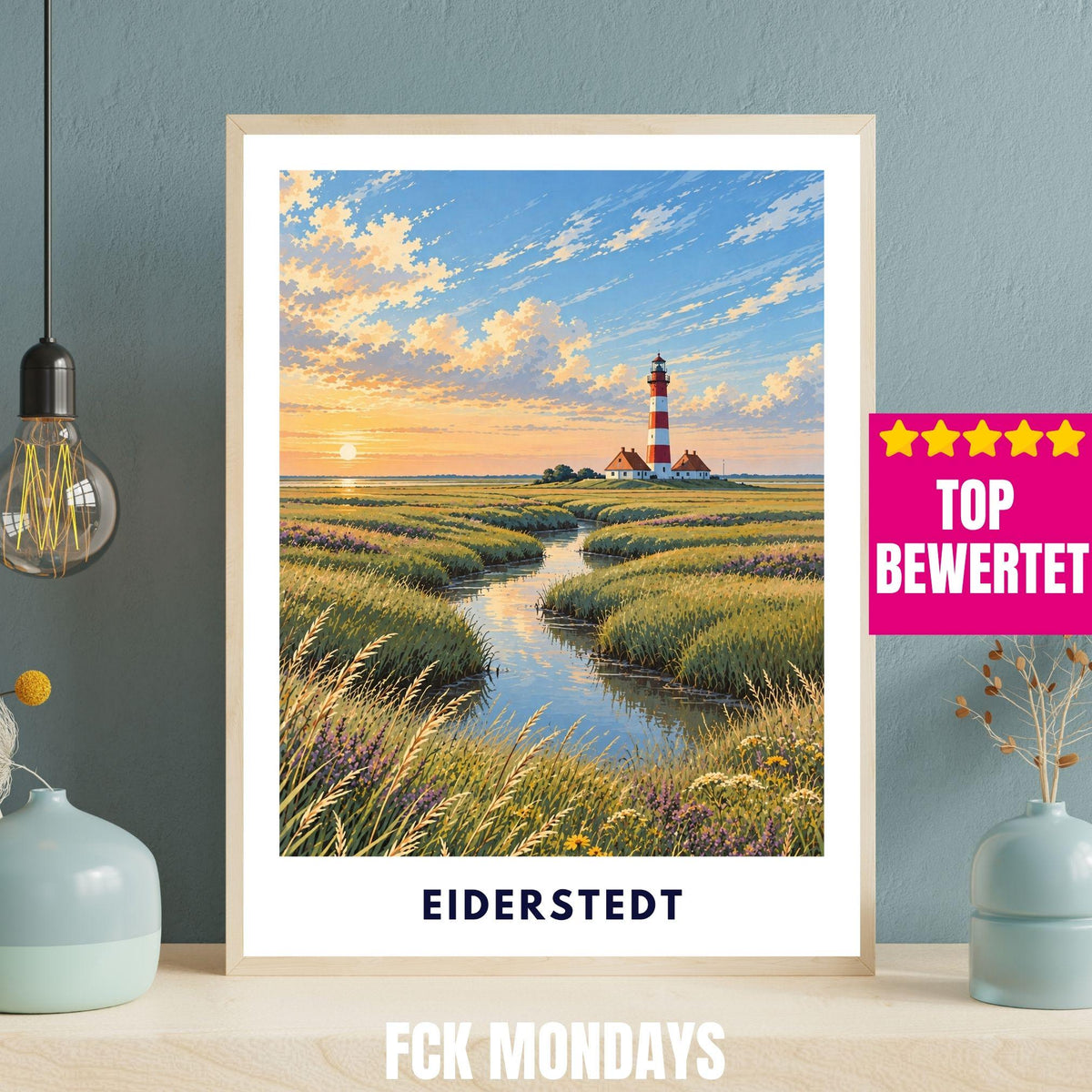 Eiderstedt Poster St. Peter-Ording | Westerhever Leuchtturm Illustration | Nordsee Wandbild | Nordfriesland Küstendeko Strand Meer Print