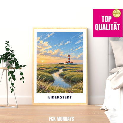 Eiderstedt Poster St. Peter-Ording | Westerhever Leuchtturm Illustration | Nordsee Wandbild | Nordfriesland Küstendeko Strand Meer Print