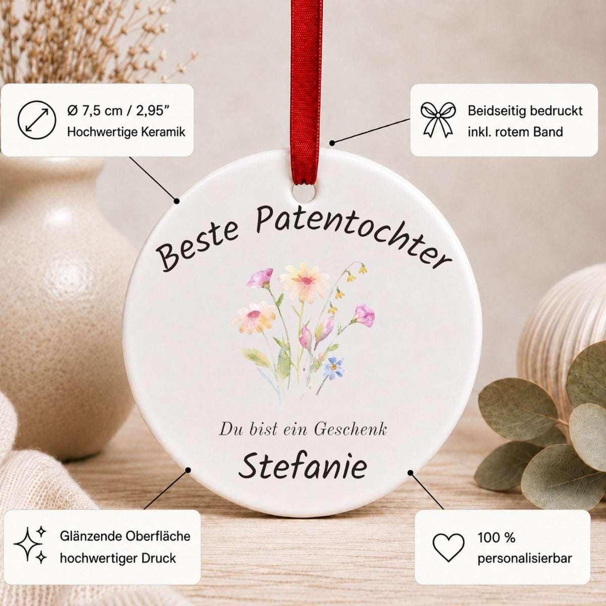Geschenk für Patenkind Ornament personalisiert, Patentochter Patensohn Geschenk von Patentante Patenonkel, Keramik Anhänger