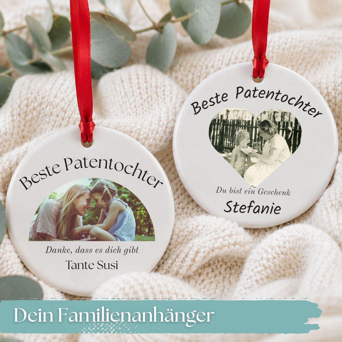Ornament für Patentante Patenonkel personalisiert, Geschenk Idee Foto Anhänger vom Patenkind, Keramik Dankeschön Weihnachtsbaum Schmuck